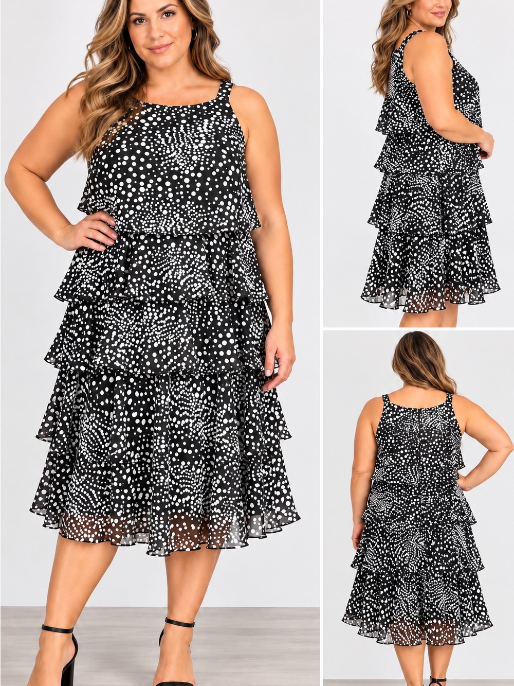 Black & White Polka Dot Tiered Ruffle Sleeveless Dress – Size 12 (Estimated)